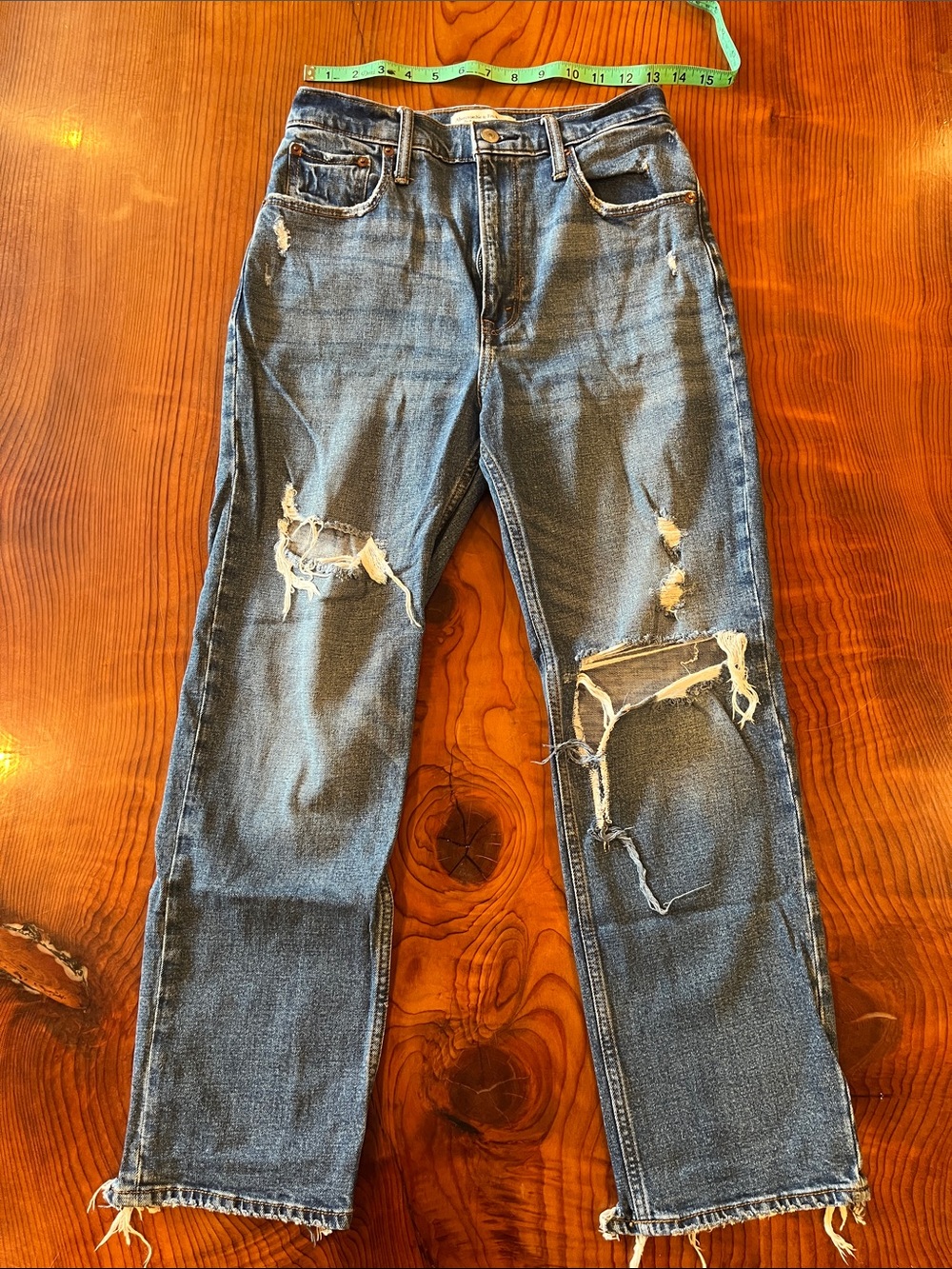Distressed Blue Denim Jeans - super high rise ankle straight